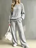Conjunto casual de malha canelada outono e inverno europeu e americano transfronteiriço, conjunto de duas peças com top de manga longa e calça pantalona, moda feminina