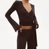 Nuevo conjunto de pijama para mujer de punto de terciopelo rosa con ribete de encaje y amarre en la parte superior y pantalones, ropa para el hogar, estilo europeo y americano