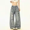 Jeans reto de perna larga, estilo retro americano, com lavagem desgastada, tachas de estrela, rasgos, doce-descolado, solto, para mulheres, na primavera e outono, para o verão