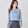 Blusa de gasa de manga larga para mujer con detalle de lazo, nuevo estilo primavera/otoño, corte entallado que estiliza, moderna y chic