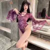 Renda Sexy Transparente Tentação Renda Malha Vazada Decote Profundo Abertura na Virilha Mangas Sino Body Pijama F148