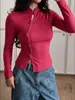 Otoño Nuevo Estilo Chino Cuello Alto Botones Falsos Hueco Diseño Asimétrico Ajuste Delgado Color Sólido Suéter Camiseta de Manga Larga para Mujer