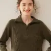 Suéter de Cachemira Grueso Pesado con Cuello Medio Abierto y Cremallera para Mujer, Suéter de Manga Larga con Solapa y Diseño Trenzado, Suéter Base de Lana Holgado