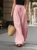 Calças largas de linho com cintura elástica e cordão, estilo casual de férias, compridas, com bolsos laterais, para mulheres