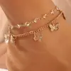 Joia Quente Transfronteiriça Europeia e Americana Pingente Borboleta com Strass Tornozeleira de Camada Dupla Feminina Simples Moda Joia para Pé Acessórios de Moda