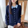 Cárdigan de punto con cuello polo color block estilo universitario para mujer, suéter de lana color block de dos piezas falsas, abrigo de suéter elegante y cálido