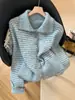 Jaqueta Suéter com Listras Contrastantes Design Coreano para Mulheres Outono e Inverno 2025 Cardigan Tricô Solto Preguiçoso com Lapela