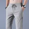 Calça Casual Esportiva Masculina, Seda de Gelo, Estilo Fino de Verão, Calça Longa Versátil Tendência com Cintura Elástica de Perna Reta, Calça Larga Lisa