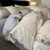 Juego de Ropa de Cama Retro de Gasa Arrugada con Encaje de Cuatro Piezas, Funda de Edredón Amigable con la Piel, Juego de Sábanas de Tres Piezas para Dormitorio, Ropa de Cama Estilo Sábana Ajustada