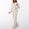 Conjunto de Dos Piezas de Pijama y Ropa de Casa Acanalado Cepillado de Cuello en V Usable para Mujer, Colección Otoño/Invierno 2025 de Amazon Europeo y Americano