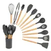 Espátula transfronteriza con mango de madera, espátula de silicona, antiadherente, resistente a altas temperaturas, juego de 12 piezas, cucharón de sopa para el hogar, juego de utensilios de cocina