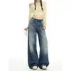 Jeans retro americanos azules de pierna ancha para mujer, nuevo estilo otoño e invierno 2026, de tiro bajo, holgados, adelgazantes, de pierna recta, pantalones de longitud completa