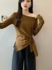 Algodão 100% de alta qualidade, 40 fios, 1x1Roupas femininas plus size 2026 novo estilo outono camiseta listrada de manga longa com cintura ajustável irregular