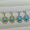Pendientes de Imitación de Turquesa y Perla de Agua Dulce Natural Estilo Europeo y Americano Transfronterizos con Incrustaciones de Circonita y Diamante, Pendientes de Lujo de Gama Alta al por Mayor