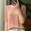 Verão novo mulheres gelo seda oco pescoço redondo tricotado manga curta fina casual camiseta solta respirável meia manga superior