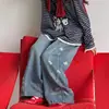 Jeans Rasgado com Strass Peixe Vermelho Pequeno Roupa de Outono Calças Retas Super Bonitas para Crianças Outono Calças Retas Super Bonitas para Alunos do Ensino Fundamental Estilo Casual Elegante Pai-Filho