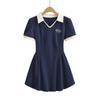 2023 Verano Nuevo Vestido de Contraste con Cuello Polo para Mujer Estilo Americano Estilo Universitario Cintura Ajustada Slim Línea A Falda de Chica Caliente