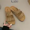 En Stock~Versión de Piel de Vaca Sandalias tipo Birkenstock con Suela de Corcho para Mujer, Adecuadas para Uso Exterior en Verano, Cómodas, Antideslizantes, Sandalias de Deslizamiento Casuales