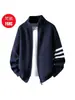 Cárdigan de Punto Holgado de Moda para Hombre, Nueva Chaqueta Suéter Rayada Roja de Otoño e Invierno, Suéter con Cremallera de Estilo Casual Perezoso