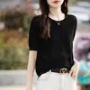 Camiseta Feminina de Algodão Puro com Gola Redonda, Tricô Vazado, Manga Curta, Nova Versátil de Verão, Top Fino de Manga Curta Estilo Coreano