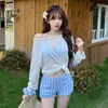 Traje de Baño para Mujer 2026 Nuevo Estilo Rayas Azules y Blancas Estilo Marino Conservador Pantalones Cortos Tipo Boxer Conjunto de Tres Piezas con Cubierta Exterior Bikini