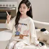 Conjunto de Pijama Longo para Meninas para Primavera e Outono, Roupa de Casa de Algodão Puro com Desenho para Meninas, Conjunto de Duas Peças para Outono para Alunos do Ensino Fundamental