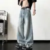 Calça jeans masculina curva com estampa de bambu estilo americano, nova calça casual versátil de perna reta para o verão, calça larga solta para homens