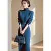Vestido suéter de tricô coreano minimalista com temperamento socialite, moda de gola alta, comprimento até o chão, outono e inverno, com cinto