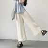 Foto real de calças largas de algodão lavado com bainha dobrada para o verão de 2026 para mulheres, calças cropped largas retas casuais soltas de seda gelada de cintura alta