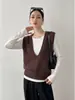 Colete Tricô Decote V Cor Café Melanóide Feminino Temporada Outono/Inverno Atmosférico Solto Quente Camada Sem Mangas Suéter Pulôver