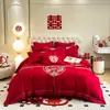 Nuevo Juego de Cuatro Piezas para Boda China Rojo Grande Algodón Puro Cepillado Bordado de Dragón y Fénix Funda Nórdica Habitación de Boda Ropa de Cama para Dote