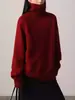 Suéter de Lã Vmore m Gola Alta Solto Grosso Quente Tricotado Vermelho para Ano Novo, Suéter Estilo Preguiçoso