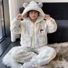 Pijama infantil com capuz, fleece de coral outono e inverno, modelagem solta, com zíper, adequado para usar em casa ou como roupa externa, um conjunto para adolescentes