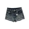 Shorts de mezclilla plisados con tachuelas retro para mujer, de verano, talla grande, tiro bajo, adelgazantes, sexys, que realzan la figura, hot pants