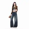 Jeans Mujer Sueltos Pierna Ancha Lavado Americano Desgastado Rasgado Azul-Gris Pantalones Largos Azul-Gris Extendido Yi Chun Patrón de Algodón
