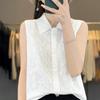 Estação Europeia Colete de Malha Feminino Organza Renda Lã Jacquard Oco Pescoço POLO Empilhado Top Sem Mangas