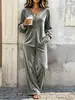 Roupas femininas outono e inverno novas, europeias e americanas, transfronteiriças: conjunto casual de veludo com top de manga longa abotoado e calça longa solta conjunto de duas peças