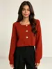 Colección nueva otoño/invierno transfronteriza: Cárdigan de punto para mujer, corto, ajustado, abotonado, de manga larga, con escote cuadrado y textura acanalada