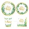 Mm146 Hola Bebé Bronceado Eucalipto Mesa de Cumpleaños para Bebé 8 Personas Set de 4 Piezas Plato de Papel Servilleta de Papel Vaso de Papel
