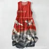 Vestido Casual de Algodão Puro com Estampa Digital Nova, Gola Redonda, Sem Mangas, Comprimento Médio, Para Mulheres, Verão na Praia