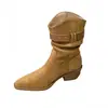 Botines de Tacón Grueso con Punta, Hebilla de Cinturón, Fruncidos Apilados, Otoño Invierno, Nuevos Botines de Tobillo Estilo Vaquero Occidental Vintage para Mujer
