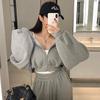 Suéter curto com capuz e mangas compridas de outono chique de nicho com temperamento da Coreia do Sul + calça casual de perna larga versátil com cadarço de cintura alta