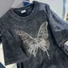 Camiseta de algodón puro lavada, marca hiphop europea y americana moderna, con efecto desgastado, manga corta, para mujer, talla grande, top holgado oversize estampado