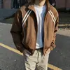 Jaqueta listrada retro americana com gola alta para homens, casaco estiloso da moda de outono com caimento solto, corta-vento esportivo masculino