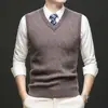 Chaleco de lana 100% para hombre de otoño e invierno, casual, para mediana edad y mayores, cuello en V, cálido chaleco suéter, camiseta básica para hombre 285