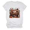 Camiseta feminina da Amazon Wish, transfronteiriça europeia e americana, de caimento solto, com estampas de bezerro de três cabeças, abóbora em carroça e folha de bordo, gola redonda, mangas curtas