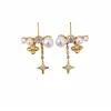 Pendientes de Plata Chapados en Oro Real con Aguja de Plata con Circonita, Perla, Flor, Estrella y Borla, Pendientes Elegantes con un Toque de Lujo Ligero y de Alta Gama