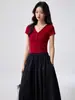 Camiseta de Manga Corta Ecosilk Henry Button para Mujer de 260g, Nuevo Estilo de Verano, Cuello en V, Cintura Alta, Corte Corto Ajustado, Top Elegante
