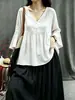 Top de algodón y lino con cuello en V y manga acampanada, adelgazante y rejuvenecedor, camisa babydoll que disimula la barriga