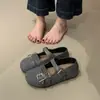 Sapatos Birkenstock de Lã Cinza com Solado Grosso Feminino 2026 Outono/Inverno Novos Sapatos de Salto Único Mary Jane Mocassins Sapatos Peludos